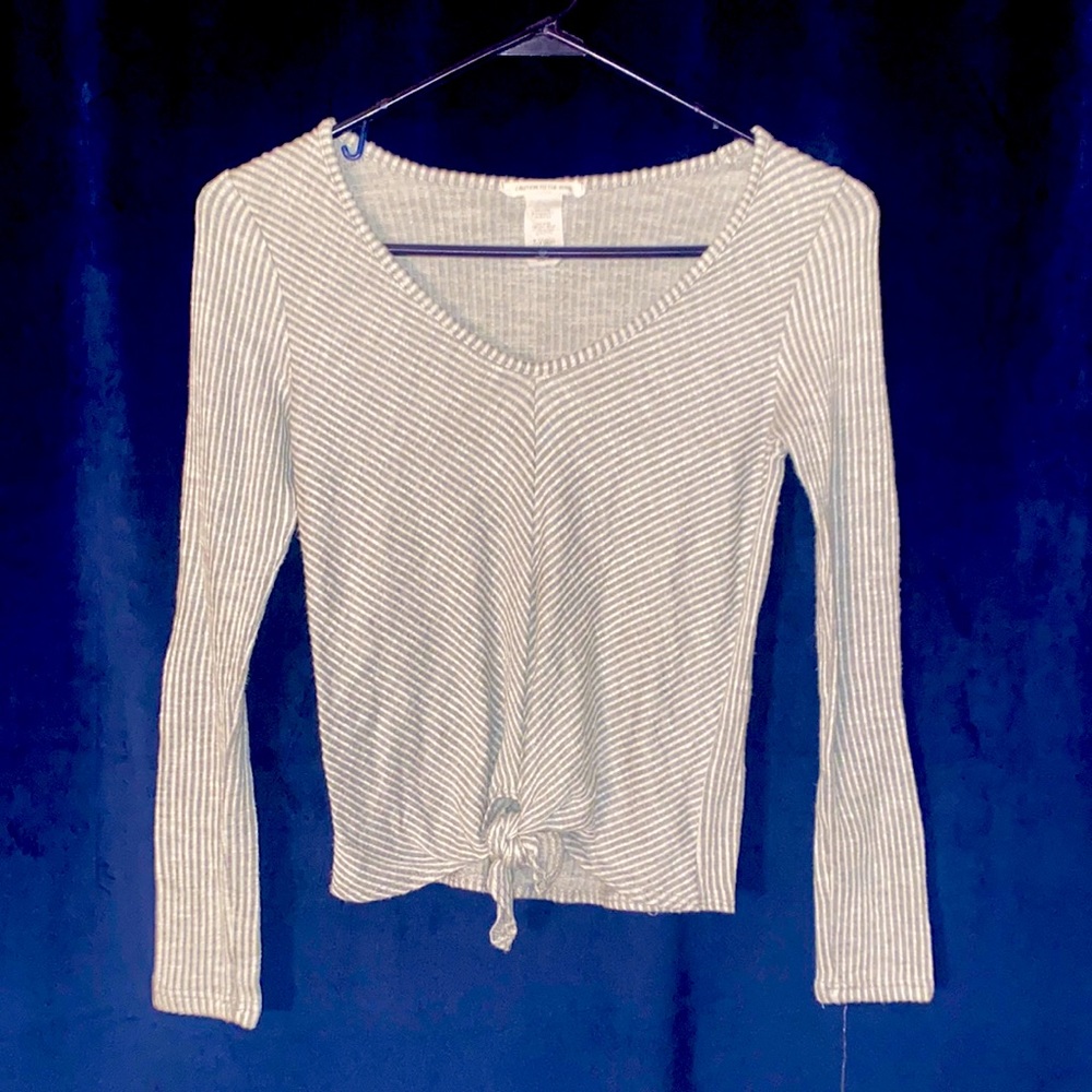Gray and White Striped Long Sleeve Shirt